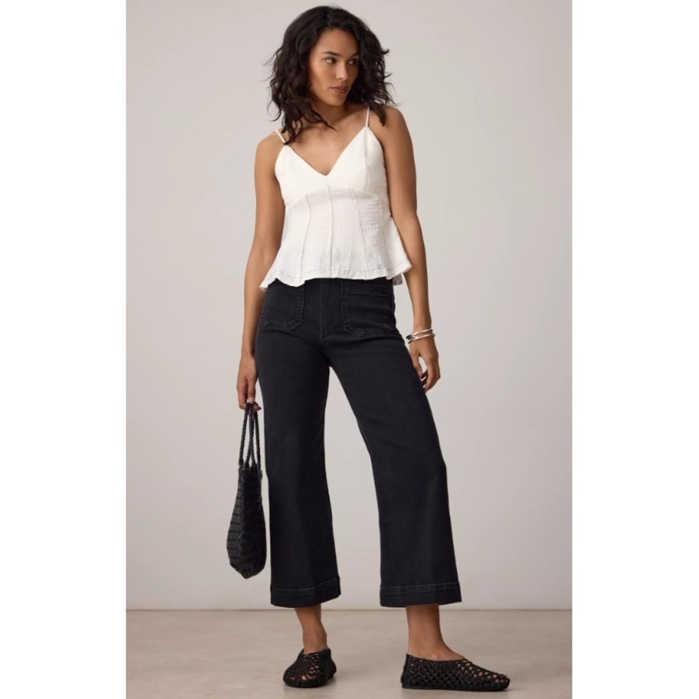 Maeve The Colette Denim Cropped Wide Leg Jeans Black High Rise Patch Pocket 28